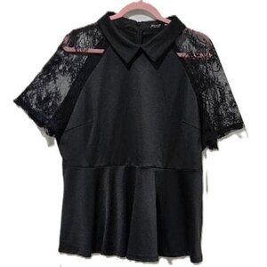BLACK LACE COLLARED FIT & FLARE  SHORT SLEEVE HALTER TOP BLOUSE 2X